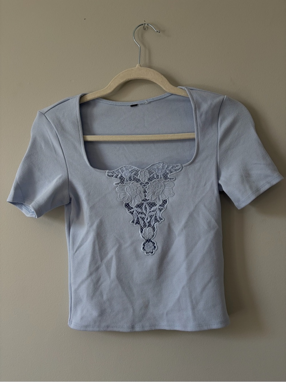 Square Neck Light Blue Embroidered Crop Top